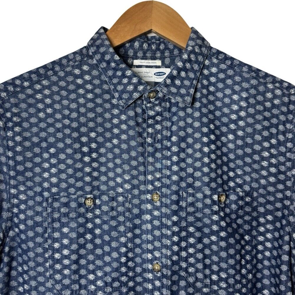 Old Navy Mens Large Slim Fit Blue White Button Up Denim Like Shirt Short Sleeve